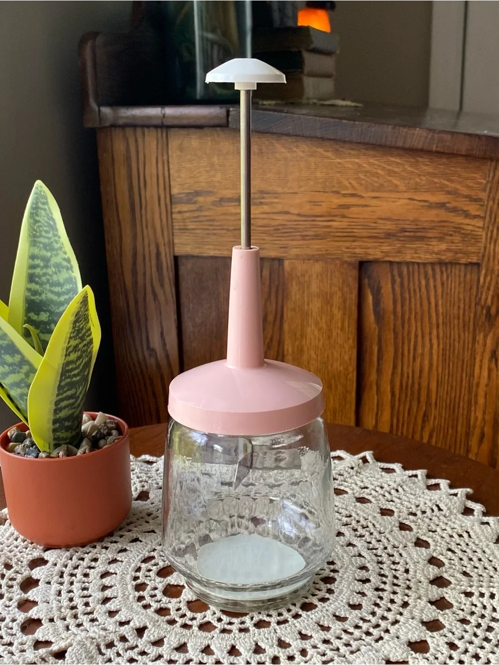Vintage Pink Glass Hand Grinder and Jar EUC